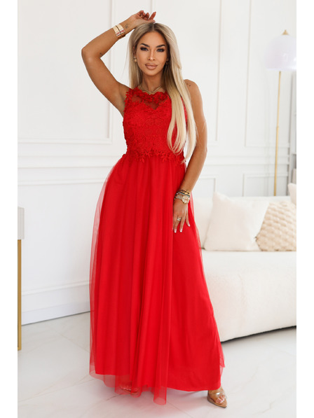numoco basic Romantisches Hochzeitsmaxikleid mit bestickter Spitze und Tüll - Rot