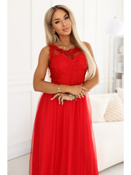 numoco basic Romantisches Hochzeitsmaxikleid mit bestickter Spitze und Tüll - Rot