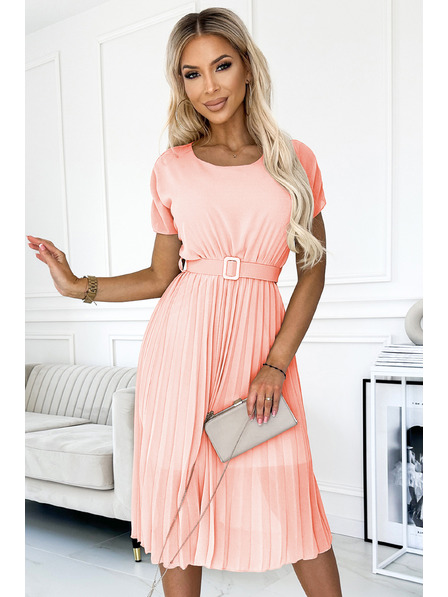numoco basic MIA plissiertes Midi-Kleid mit breitem Gürtel - Pfirsich