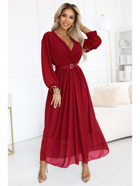 numoco basic Elegantes gefaltetes Maxikleid mit Gürtel und Wickelausschnitt - Weinrot