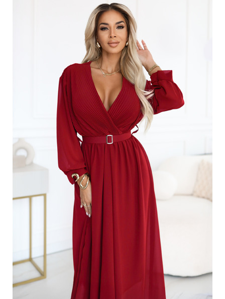 numoco basic Elegantes gefaltetes Maxikleid mit Gürtel und Wickelausschnitt - Weinrot