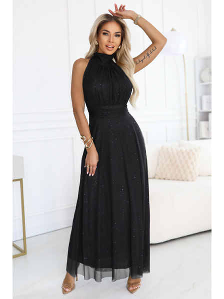 numoco basic VERONICA luxuriöses langes Kleid mit Brokkatakzent und elegantem Schnitt - Schwarz