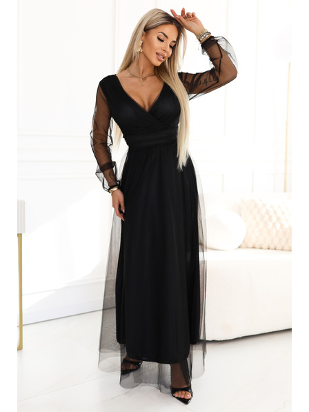 numoco basic Langes Maxikleid mit Tüllärmel und überkreuztem Ausschnitt - Schwarz