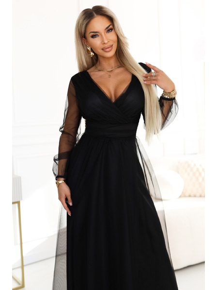 numoco basic Langes Maxikleid mit Tüllärmel und überkreuztem Ausschnitt - Schwarz