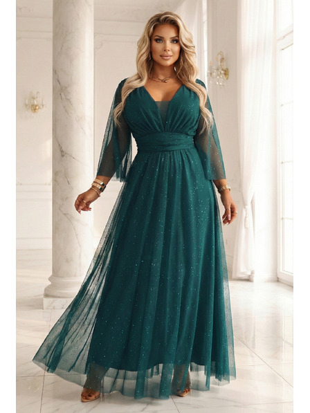 numoco Langes funkelndes Übergrößen-Kleid mit rundem Ausschnitt und transparenten Ärmeln - Flaschengrün
