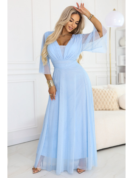 numoco Langes glänzendes Übergrößen-Kleid mit Ausschnitt und transparentem Ärmel - Hellblau