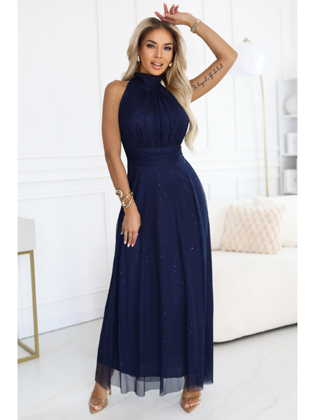 numoco VERONICA Luxuriöses langes Kleid mit Brokat-Akzent und elegantem Schnitt - Dunkelblau