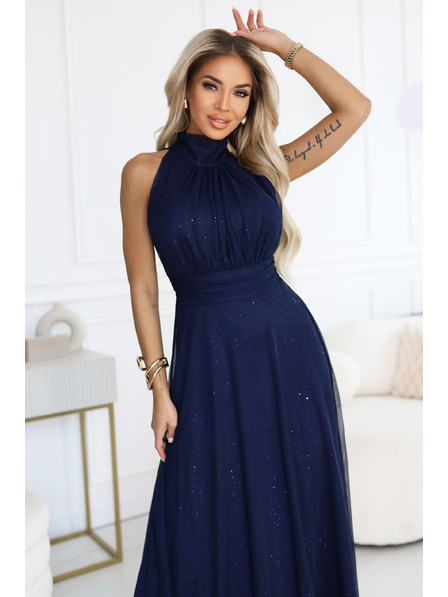numoco VERONICA Luxuriöses langes Kleid mit Brokat-Akzent und elegantem Schnitt - Dunkelblau