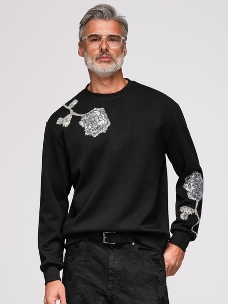 Ombre Clothing Herren-Hoodie mit silbernen Pailletten und Rosen-Perlen-Applikation mit Rundhalsausschnitt - Schwarz V1 OM-SSNZ-0272 Ombre Clothing