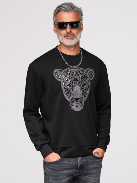 Ombre Clothing Herren-Hoodie mit silbernem und schwarzem Panther-Applikation auf der Brust mit Rundhalsausschnitt - Schwarz V1 OM-SSNZ-0273 Ombre Clothing