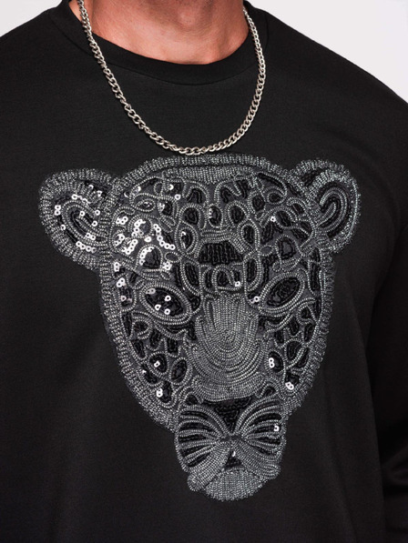 Ombre Clothing Herren-Hoodie mit silbernem und schwarzem Panther-Applikation auf der Brust mit Rundhalsausschnitt - Schwarz V1 OM-SSNZ-0273 Ombre Clothing