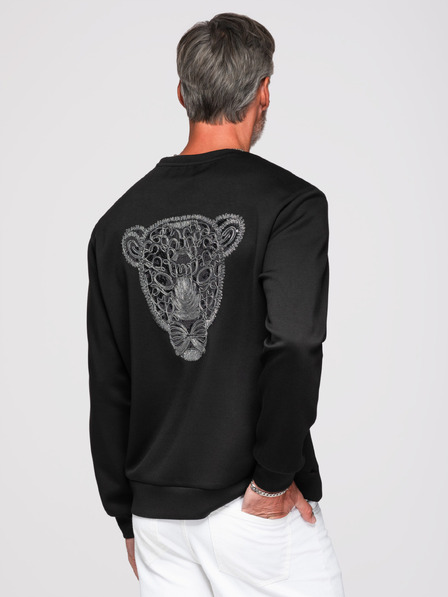 Ombre Clothing Herren-Hoodie mit silbernem und schwarzem Panther-Applikation auf dem Rücken mit Rundhalsausschnitt - Schwarz V1 OM-SSNZ-0274 Ombre Clothing
