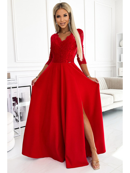 numoco Langes, elegantes Spitzenkleid mit herzförmigem Ausschnitt und Beinschlitz - rot Numoco AMBER