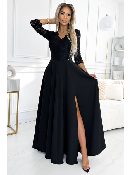 numoco AMBER Spitzenkleid, elegant lang mit Ausschnitt und Beinschlitz - Schwarz