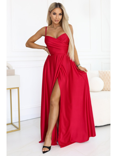 numoco Langes Abendkleid mit Trägern und Beinschlitz - Rot