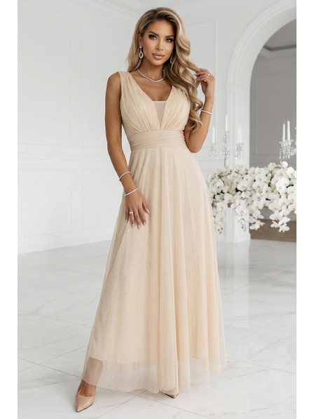 numoco Langes Maxi-Kleid mit Brokat-Glitzer und tiefem Ausschnitt - Champagner Beige