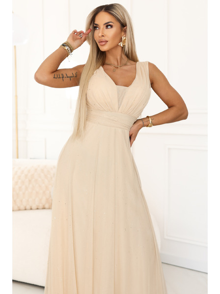 numoco Langes Maxi-Kleid mit Brokat-Glitzer und tiefem Ausschnitt - Champagner Beige