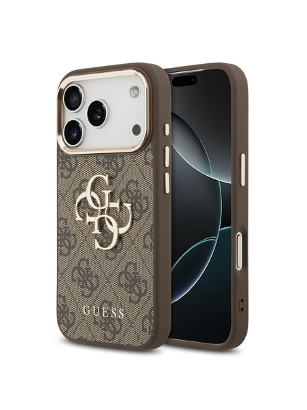 Guess Guess PU Leather 4G Metal Logo Gold Frame Rückseitenschutz für iPhone 17 Pro Max Brown