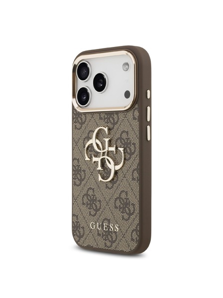 Guess Guess PU Leather 4G Metal Logo Gold Frame Rückseitenschutz für iPhone 17 Pro Max Brown