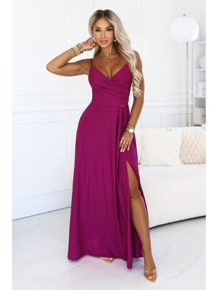 numoco CHIARA Abendkleid Maxilänge mit dünnen Trägern - Brokat Fuchsie