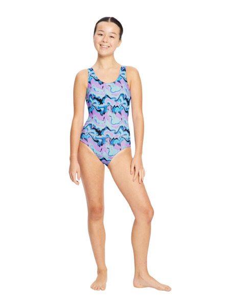 Modibodi Mädchen-Menstruationsschwimmen Modibodi Performance Racerback One Piece Super Marble Blue einteilig