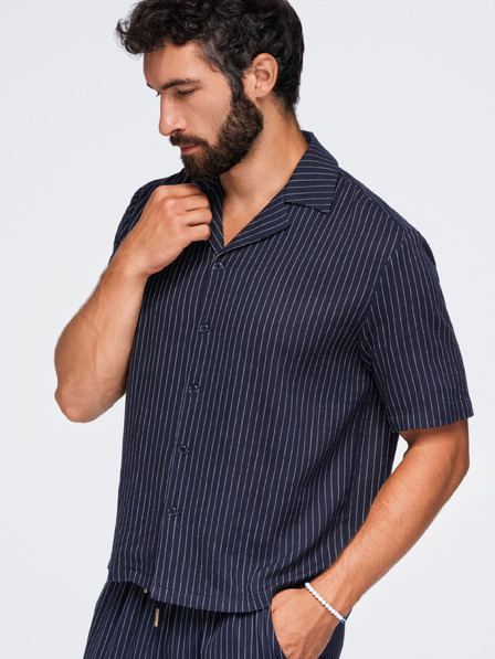 Ombre Clothing Herrenhemd mit Streifen Regular Fit aus Viskose und Leinen mit kubanischem Kragen – Dunkelblau V2 OM-SHSS-0222 Ombre Clothing