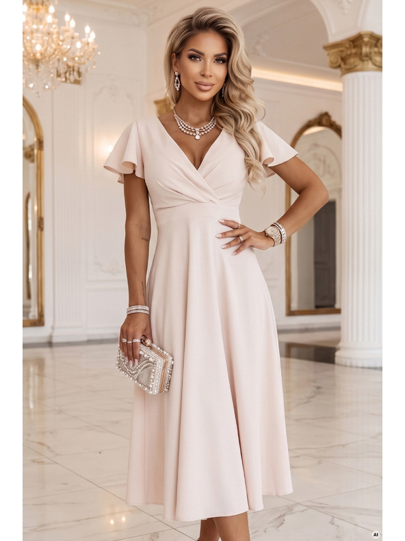 numoco Ausgestelltes Midi-Kleid mit Wickelausschnitt und Kurzarm - Beige