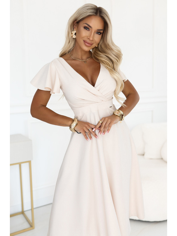 numoco Ausgestelltes Midi-Kleid mit Wickelausschnitt und Kurzarm - Beige