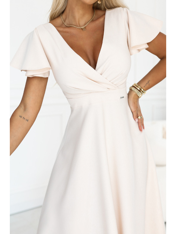 numoco Ausgestelltes Midi-Kleid mit Wickelausschnitt und Kurzarm - Beige