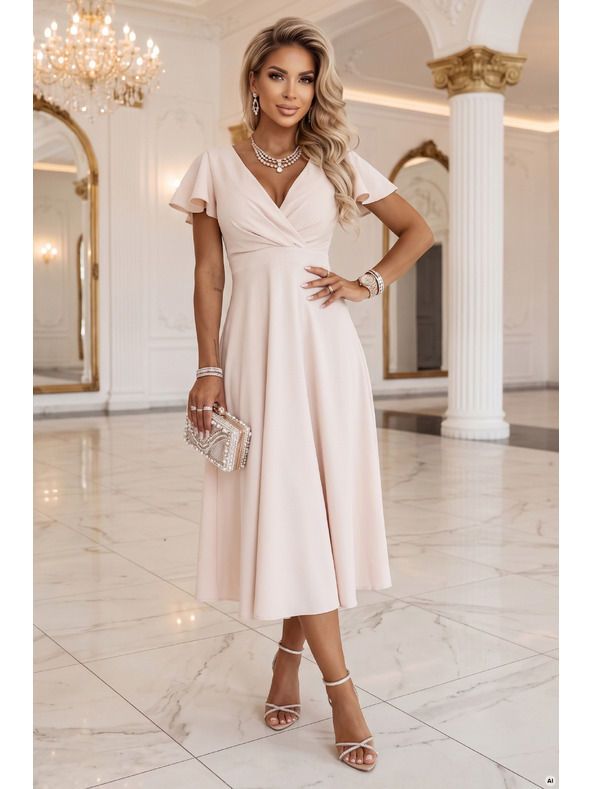 numoco Ausgestelltes Midi-Kleid mit Wickelausschnitt und Kurzarm - Beige
