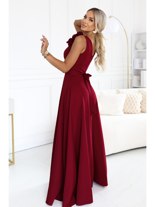 numoco Elegante Abend-Maxikleid mit Schlitz und Rosen - Bordeaux