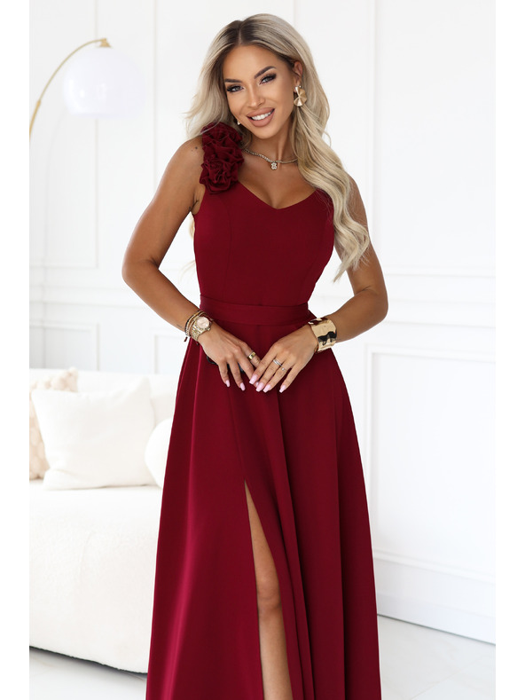 numoco Elegante Abend-Maxikleid mit Schlitz und Rosen - Bordeaux