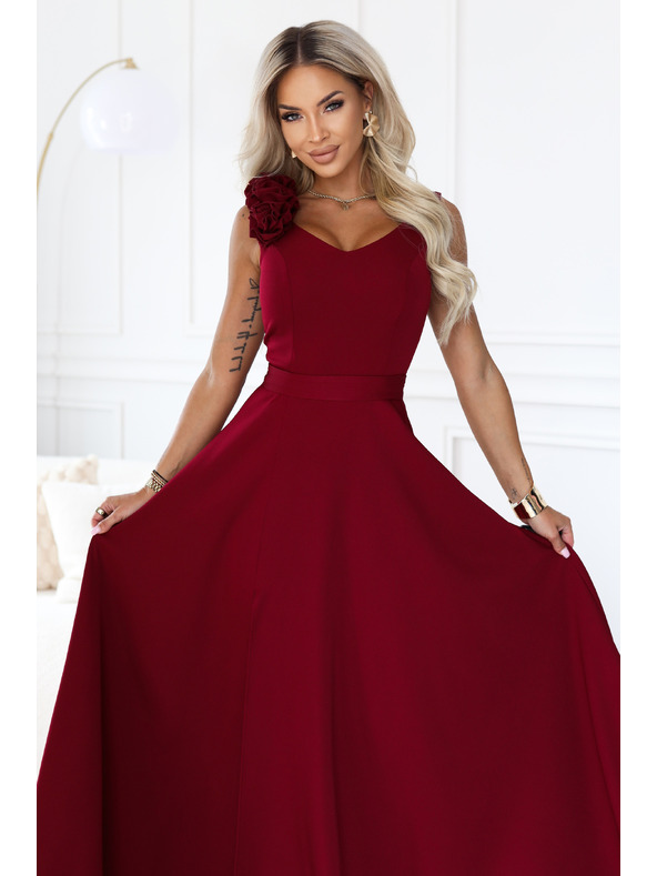 numoco Elegante Abend-Maxikleid mit Schlitz und Rosen - Bordeaux