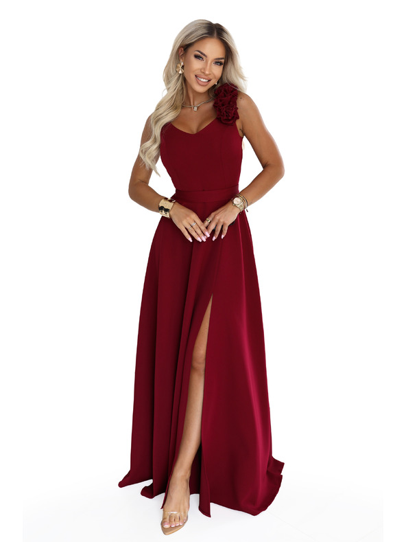 numoco Elegante Abend-Maxikleid mit Schlitz und Rosen - Bordeaux