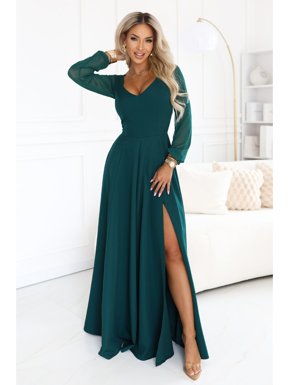 numoco LORETTA Außergewöhnliches langes Kleid mit Tüllärmeln und Ausschnitt - Grün