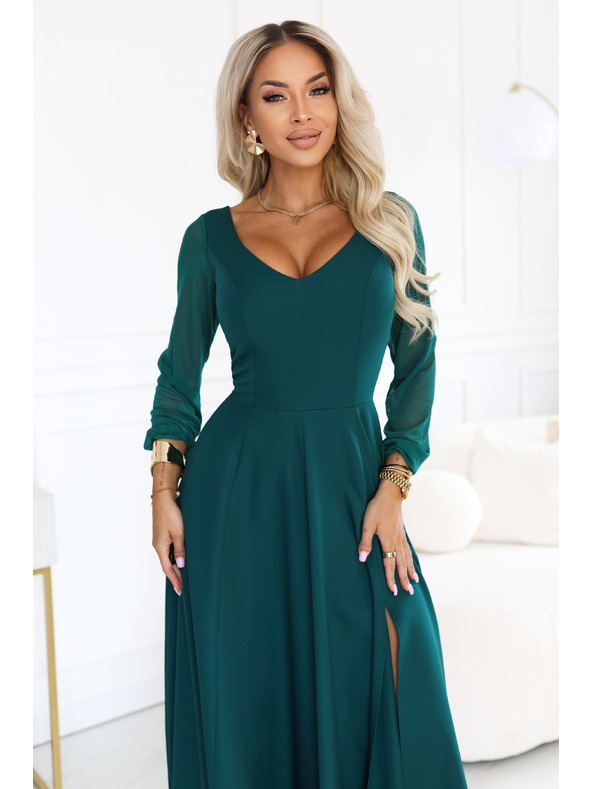numoco LORETTA Außergewöhnliches langes Kleid mit Tüllärmeln und Ausschnitt - Grün