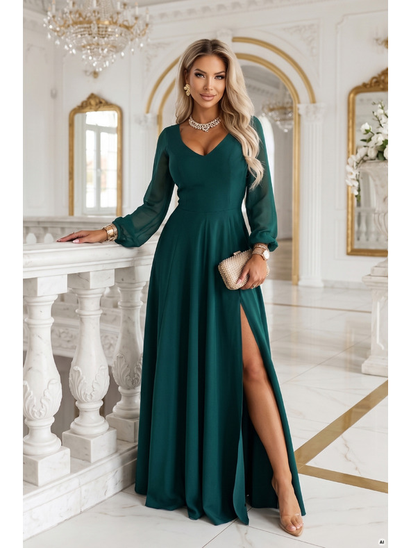 numoco LORETTA Außergewöhnliches langes Kleid mit Tüllärmeln und Ausschnitt - Grün
