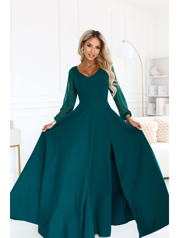 numoco LORETTA Außergewöhnliches langes Kleid mit Tüllärmeln und Ausschnitt - Grün