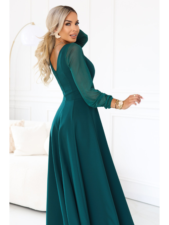 numoco LORETTA Außergewöhnliches langes Kleid mit Tüllärmeln und Ausschnitt - Grün