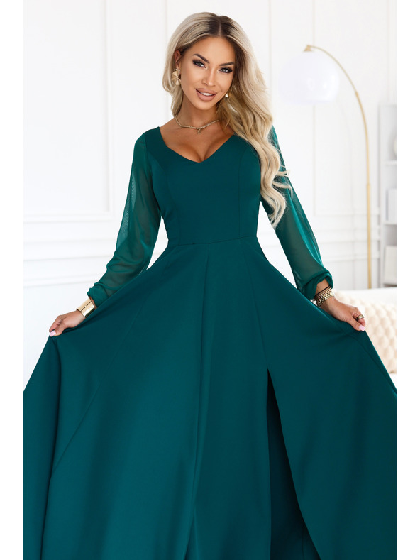 numoco LORETTA Außergewöhnliches langes Kleid mit Tüllärmeln und Ausschnitt - Grün