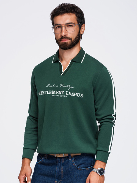 Ombre Clothing Herren-Sweatshirt mit Kragen und V-Ausschnitt mit Stickerei auf der Brust – dunkelgrün V3 OM-SSNZ-0268 Ombre Clothing