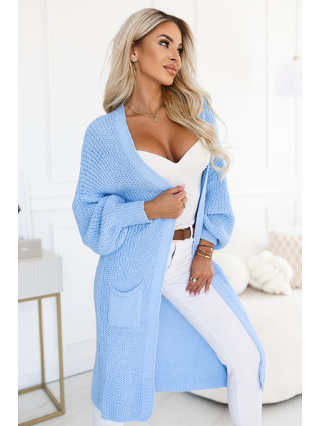 numoco Langer Damen-StrickCardigan mit Taschen und gerafften Ärmeln - Hellblau
