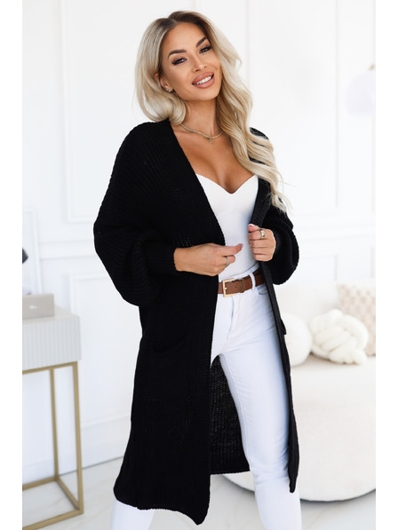 numoco Langer Damen-StrickCardigan mit Taschen und gerafften Ärmeln - Schwarz