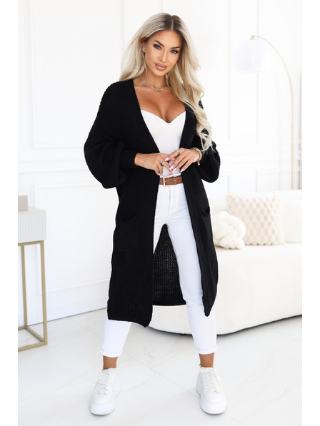 numoco Langer Damen-StrickCardigan mit Taschen und gerafften Ärmeln - Schwarz