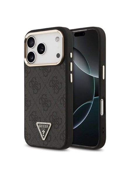 Guess Guess PU Leather 4G Strass Triangle Logo Gold Frame MagSafe Rückseite für iPhone 18 Pro Black