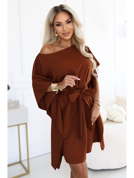 numoco SOFIA Damenkleid mit Schmetterlingsärmel und Taillenband zum Binden - zimtbraun