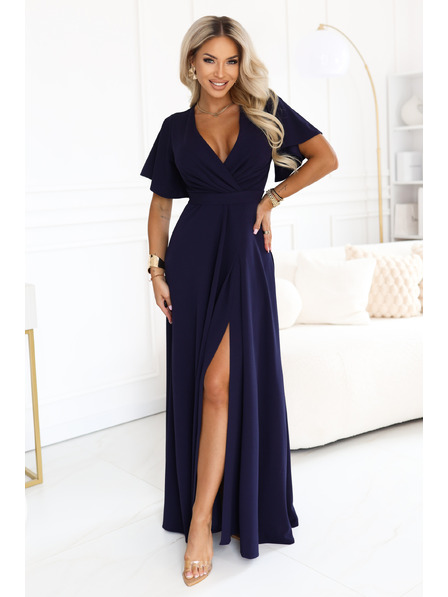 numoco JENNIFER Langes Kleid mit Beinseitenschlitz, Ärmel und Ausschnitt - dunkelblau