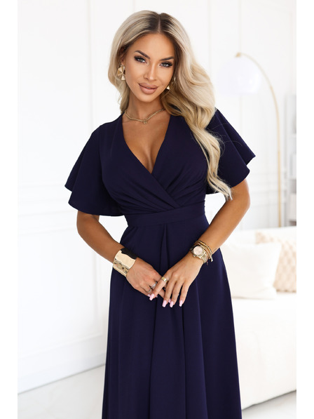 numoco JENNIFER Langes Kleid mit Beinseitenschlitz, Ärmel und Ausschnitt - dunkelblau