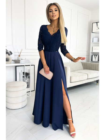 numoco Elegantes langes Spitzenkleid mit Dekolleté - Dunkelblau Numoco AMBER