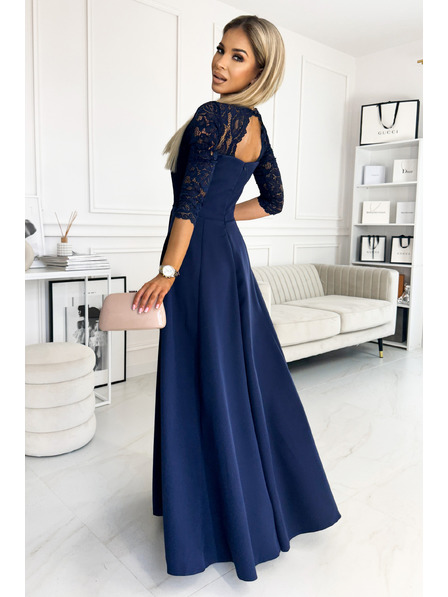 numoco Elegantes langes Spitzenkleid mit Dekolleté - Dunkelblau Numoco AMBER
